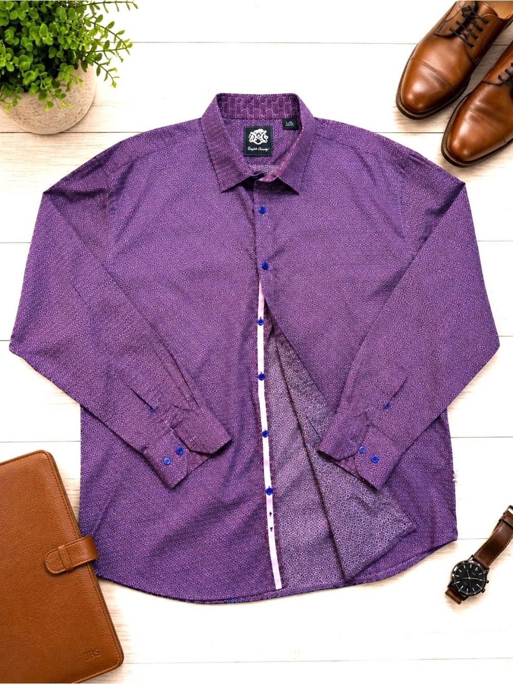 ENGLISH LAUNDRY Men’s Purple Paisley Print Long Sleeve Button Down Dress Shirt